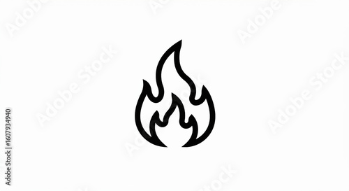 Minimalist Fire Icon: Bold Black Outline on White Background Simple Design.