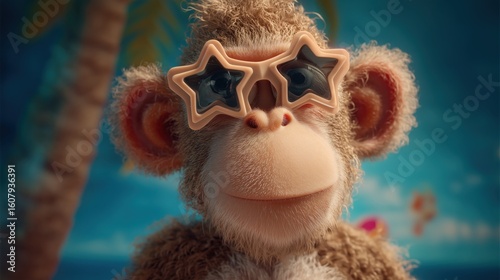 Cool 3D Monkey with Star-Shaped Sunglasses at Tropical Beach