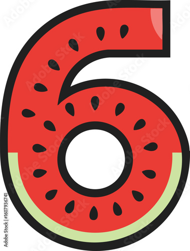 Number six designed as watermelon slice with red and green colors and black seeds vector illustration 