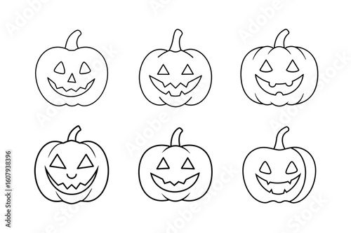 A collection of six unique, hand-drawn jack-o'-lanterns with carved faces, presented in two rows.