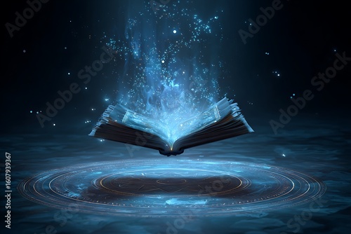 An open book emitting blue light and floating above a circular platform with starry background design