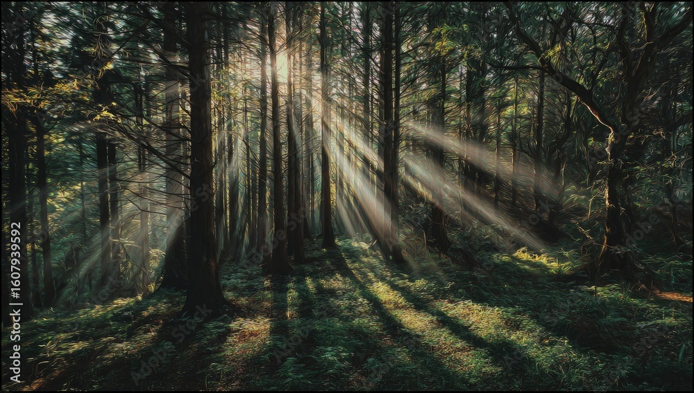 Fototapeta premium Sunlight streams through a dense forest (1)