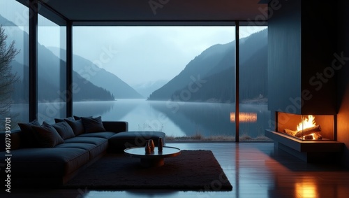Serene lakefront living room with a cozy fireplace.