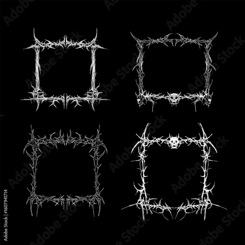 Set of neo tribal frames, hand drawn cyber gothic symmetrical shape skull borders. grunge cyber sigilism dark vector design elements isolated