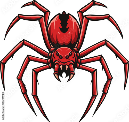 Red spider vector illustration with detailed legs and fangs in striking pose for graphic design and nature themes 