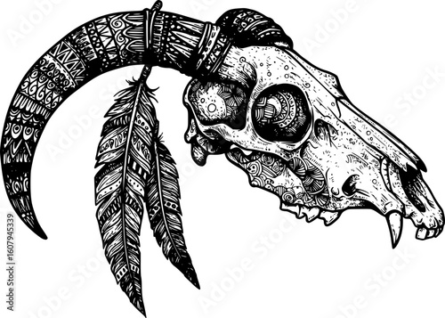Zentangle Animal Skull with two feathers. Hand drawn ethnic animal vector