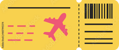 Airplane boarding ticket illustration with barcode and flight details in yellow color vector graphic 