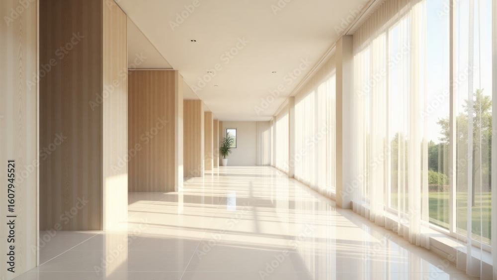 Fototapeta premium Light-filled corridor with large windows and light-colored wood paneling.