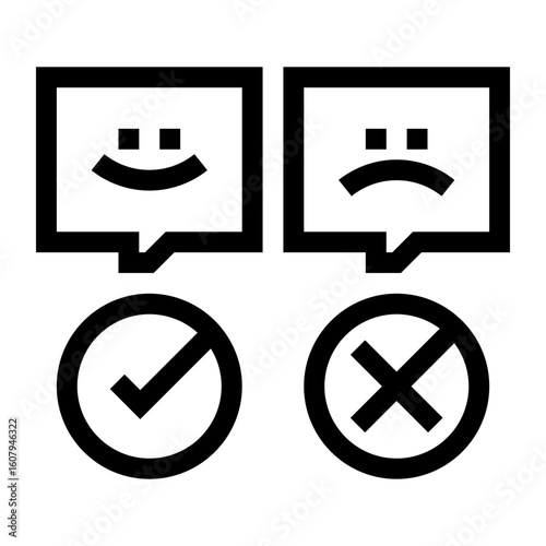 Icono de pensamiento aprobado y rechazado. Dos globos de diálogos, uno triste y otro feliz y debajo de ellos un visto y una x. Toma de decisiones y evaluación. Ilustración vectorial 