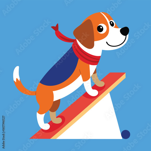 Happy beagle dog wearing red scarf on agility ramp canine animal