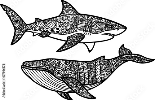 Zentangle stylized Sea Shark and Whale. Hand Drawn vector illustration