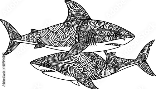Zentangle stylized Sea Shark and Whale. Hand Drawn vector illustration
