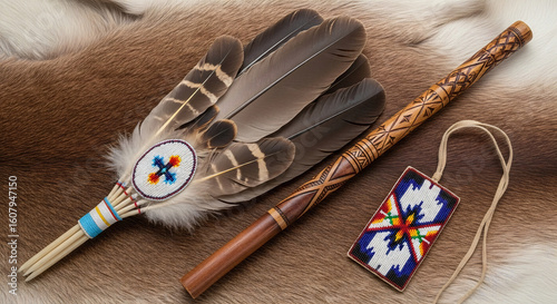 Native American Cultural Artifacts on Fur Background for Indigenous Peoples’ Day