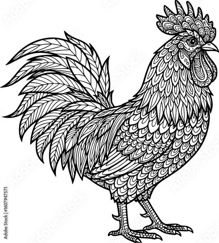 Vector Rooster, zentangle domestic farmer Bird for adult Coloring