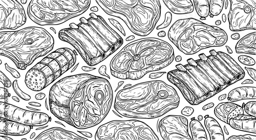 Hand drawn artistic meat seamless pattern for adult coloring page