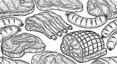 Hand drawn artistic meat seamless pattern for adult coloring page