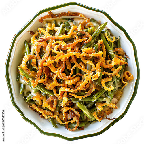 Green Bean Casserole Topped with Crispy Fried Onions in a Decorative Bowl