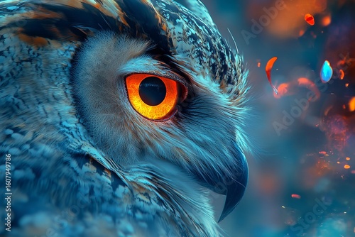 Pop art style is used to create a textured and dramatically lit portrait of a colorful owl