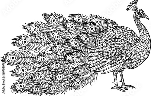 Peacock with feathers in zentangle style. Freehand sketch