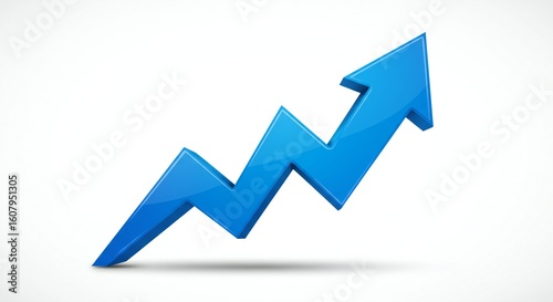 Stylized blue upward arrow, glossy finish, against a clean white background. Emphasizes growth and progress in a modern design aesthetic.