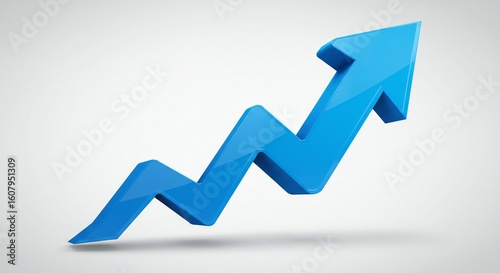 A glossy blue upward arrow on a soft gray background, symbolizing growth. Emphasizes clean design and upward dynamism.