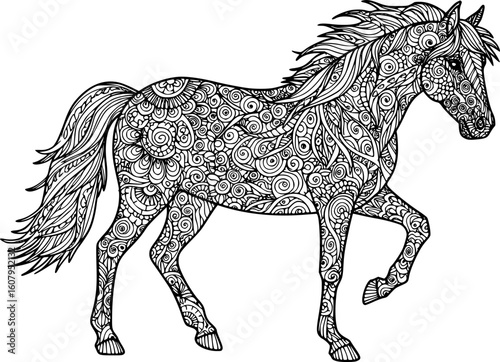 Hand drawn zentangle horse for adult coloring page, art therapy,