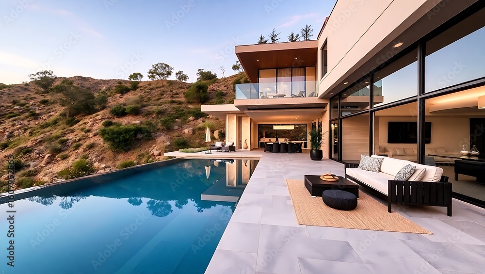 Fototapeta premium Contemporary hillside house terrace with glass infinity pool and elegant seating