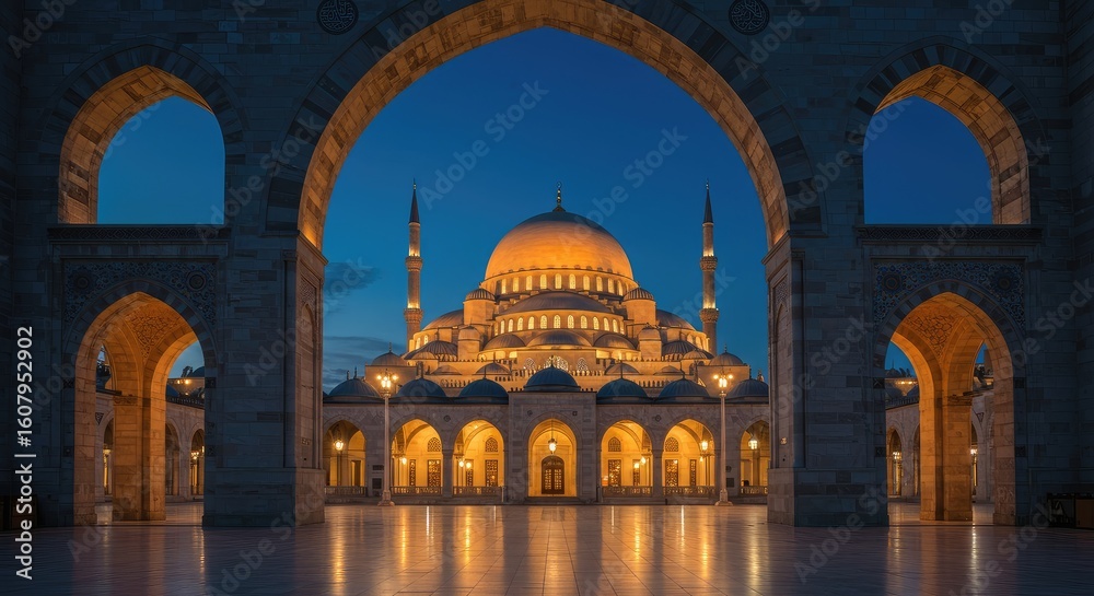 Fototapeta premium A mosque at twilight, framed by arched openings. A serene scene of architectural beauty