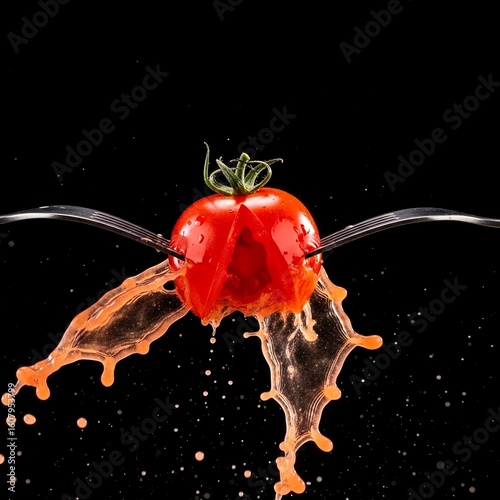A halved tomato suspended mid-air by forks, splashing vibrant juice against a black backdrop.