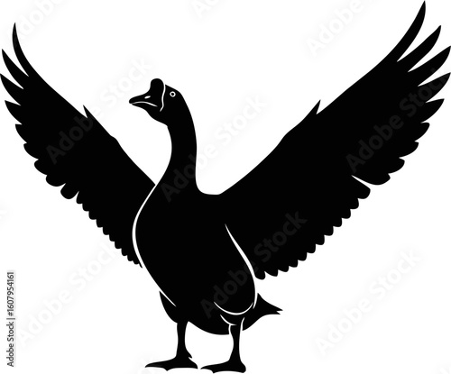 Black silhouette of a goose with its wings spread wide, facing forward.