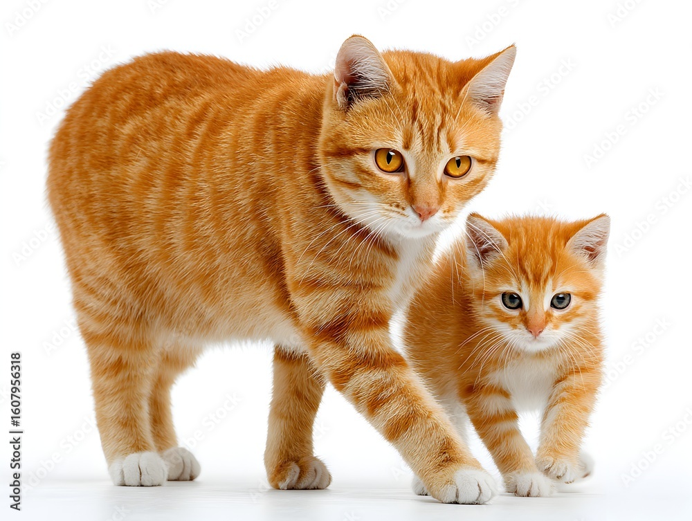 Obraz premium A beautiful orange tabby cat protectively walks alongside its adorable kitten on a bright white background.
