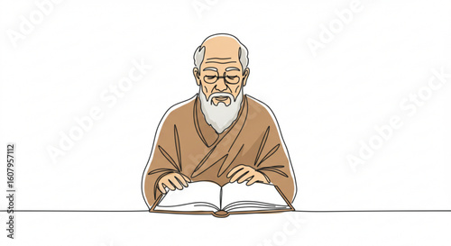 Elderly Chinese man reading a book while seated at a table in a minimal style  