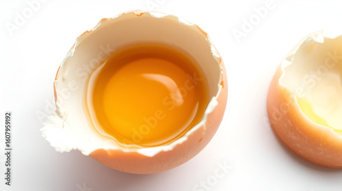 Cracked egg with yolk isolated on white background