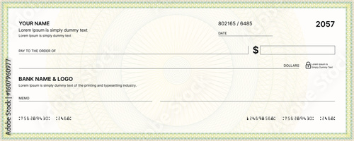 Blank bank check, checkbook cheque template or money payment paper voucher, vector mockup. Business or personal account cash pay cheque certificate or paycheck coupon from checkbook
