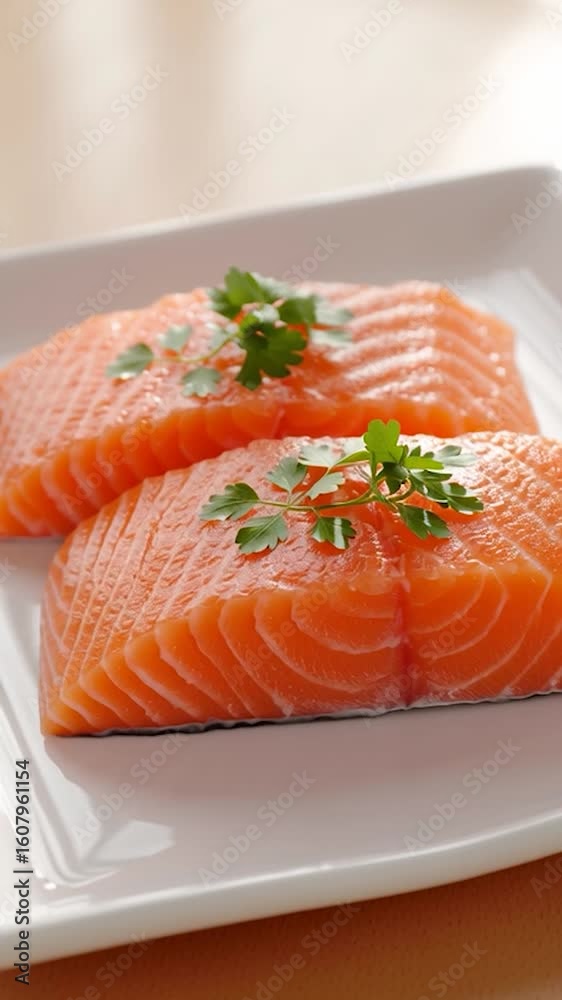Vertical video raw salmon fillet on white plate. Salmon fillet close-up Vertical video raw salmon fillet on white plate. Salmon fillet close-up