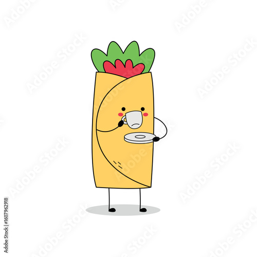Cute Burrito cartoon character drinking tea doodle