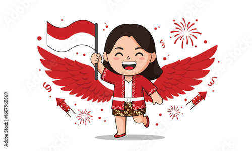 Vector Illustration Of A Happy Girl Indonesian Mascot In Traditional Clothing With Red Wings And National Flag