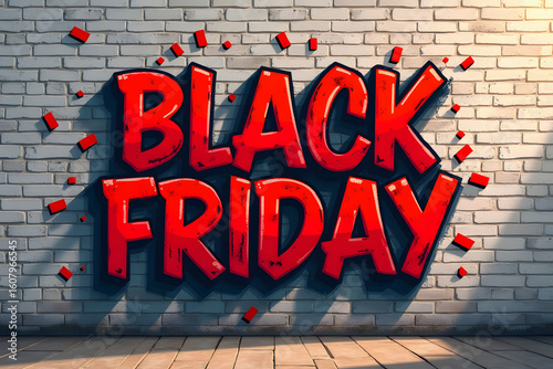 Black Friday sale sign on brick wall, bright colors, copy space
