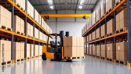 Forklift in large warehouse with high shelves