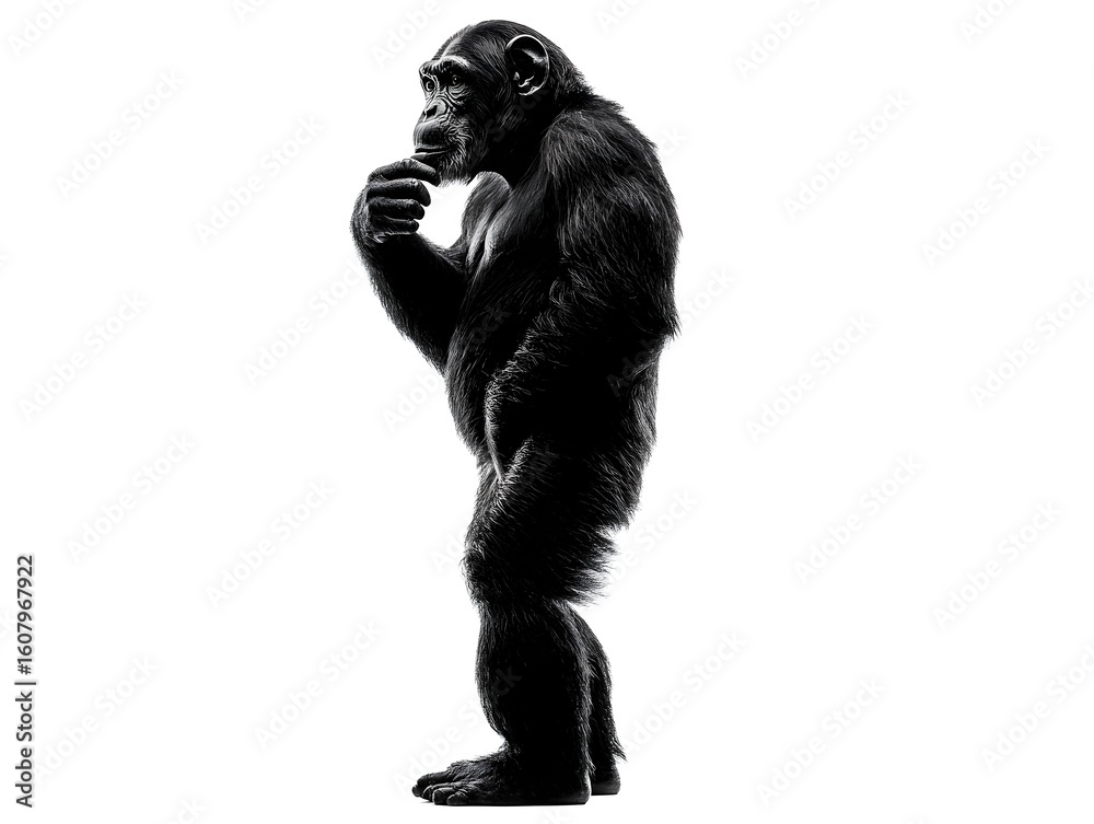 Fototapeta premium An ape in profile contemplates something with its hand under its chin against a white background.