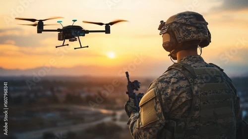 Soldier controlling a surveillance drone during sunset, modern military technology and operation