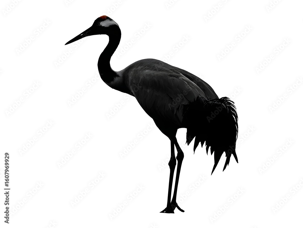 Obraz premium A single black crane stands gracefully in a pristine white studio environment, isolated and elegant pose.