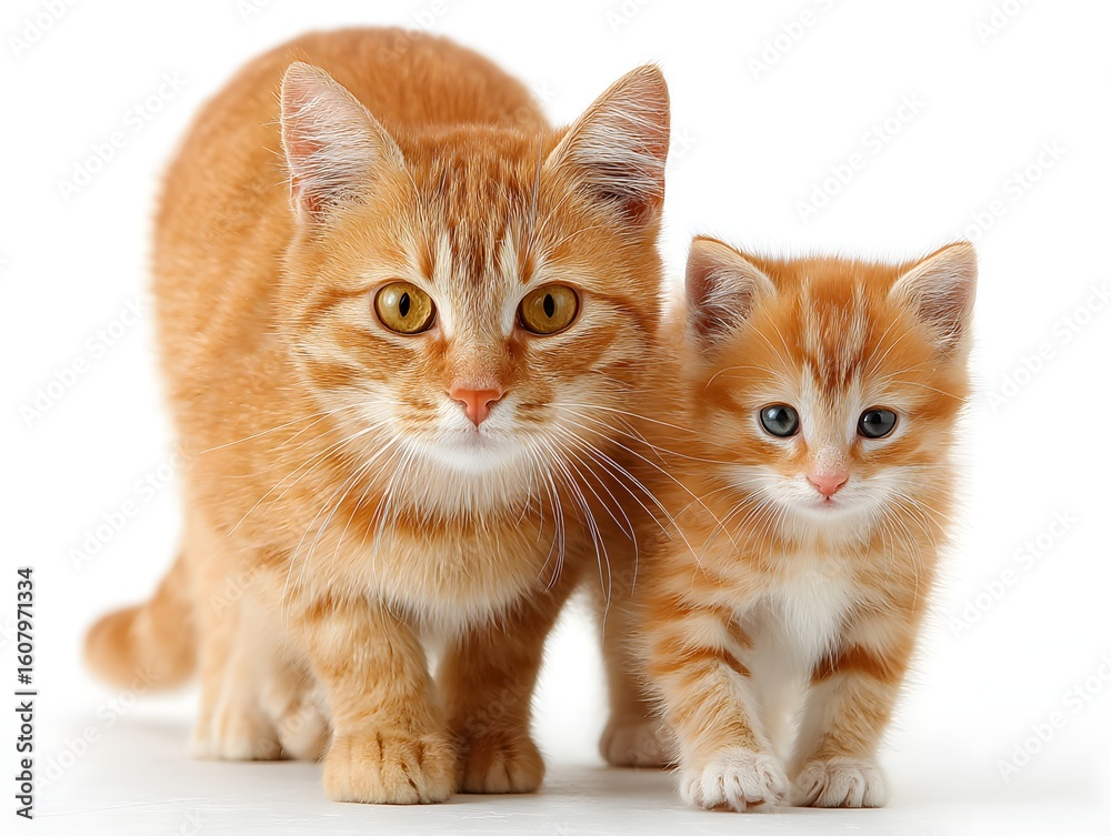 Fototapeta premium A ginger cat and kitten stand side by side gazing intently toward the camera on a bright white backdrop.
