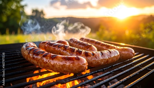 Grilled sausages on a barbecue at sunset