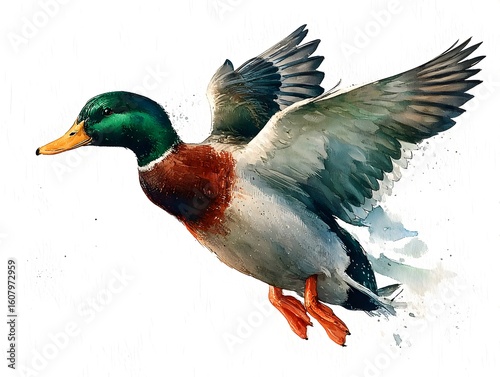 Graceful mallard duck soars with wings spread in an illustrative watercolor style on a white background.