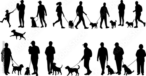 Group of people all ages activities with dogs vector silhouette set collection