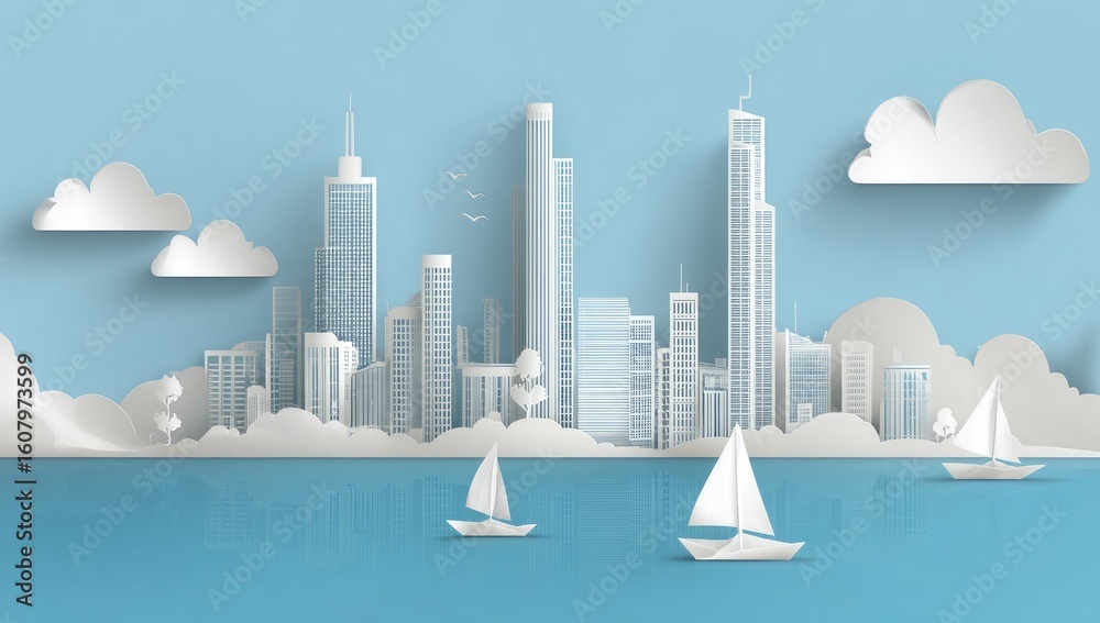 Fototapeta premium Paper cut cityscape, calm waters