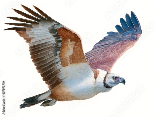 A beautiful watercolor painting of a white bellied sea eagle soars with outstretched wings against white backdrop.