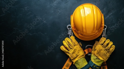 Overhead view of safety gear including a hard hat gloves and harness on a dark background