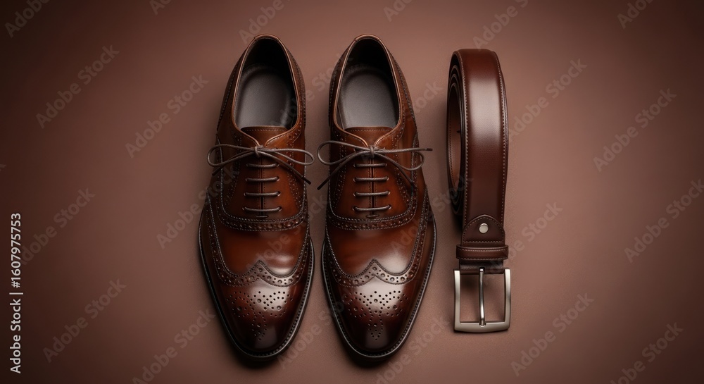 Two brown leather shoes and a belt on a solid brown background Two brown leather shoes and a belt on a solid brown background